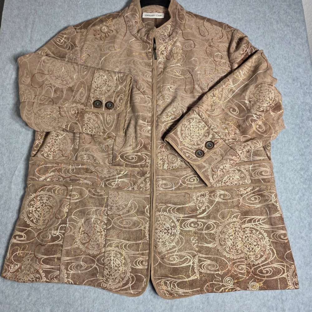 Coldwater Creek Paisley Metallic Zip Front Jacket Women W18 Tan Gold Embroidered